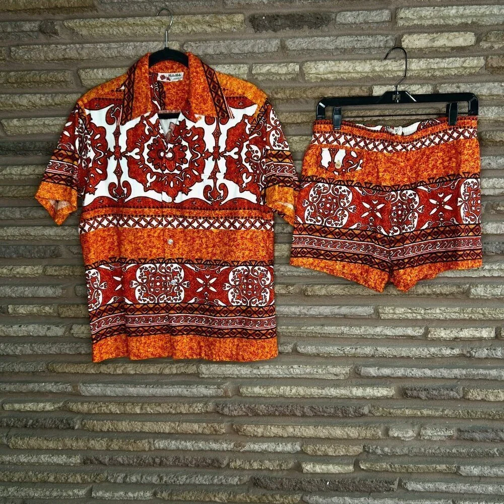 Holo Holo Vintage 70s Barkcloth Men's Swim Orange Tapa Print Shirt and Shorts